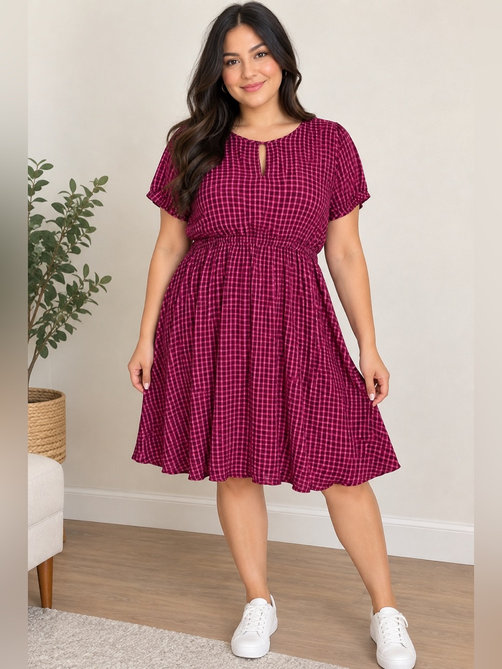 Old Navy Burgundy Checked Smocked-Waist Midi Dress